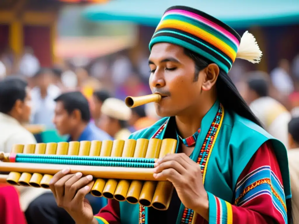 Un músico con traje tradicional toca una flauta decorada en festival folclórico