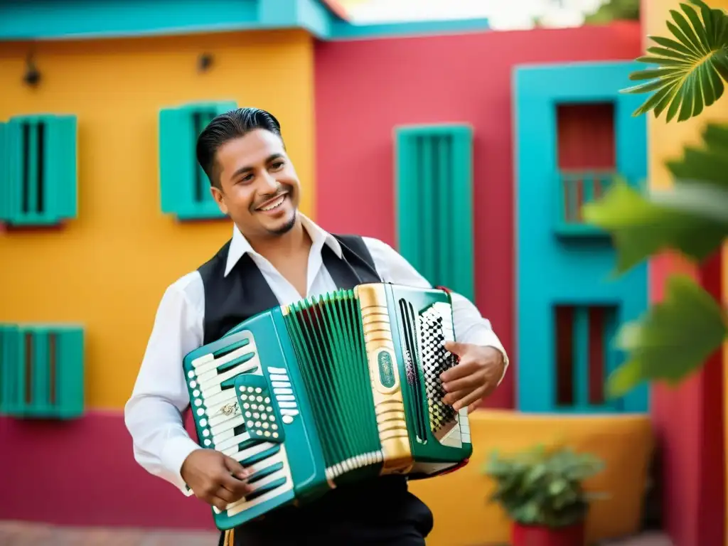 Un músico vallenato tocando el acordeón en un entorno vibrante y colorido