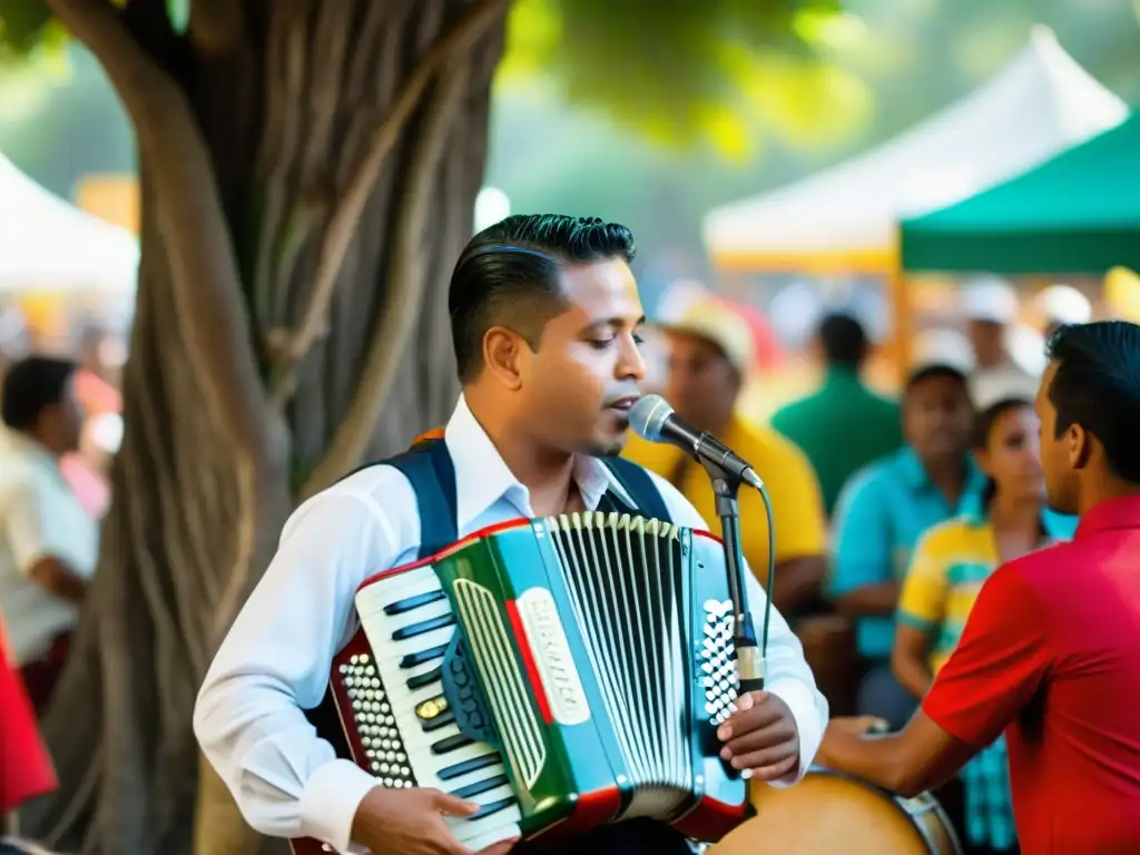 Un músico vallenato experto toca el acordeón bajo la sombra de un Ceiba, rodeado de una animada multitud vestida con trajes tradicionales colombianos