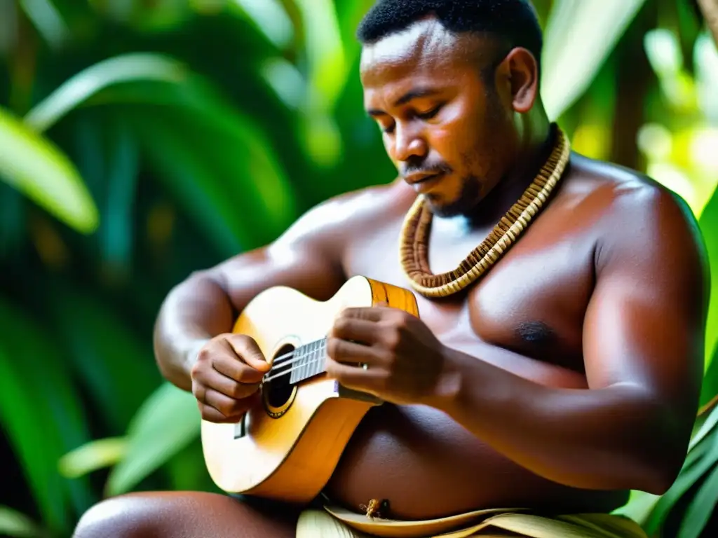 Un músico vanuatuano toca un instrumento ecológico entre exuberante vegetación