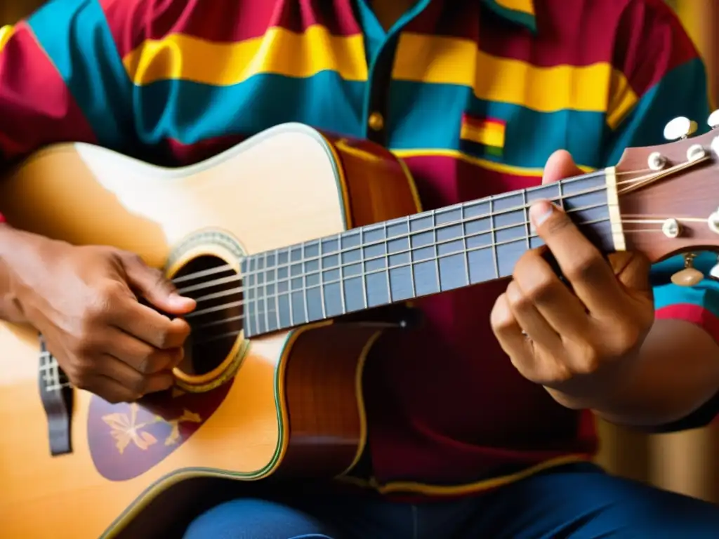 Un músico hábil toca con pasión un cuatro venezolano, capturando la emoción en su rostro