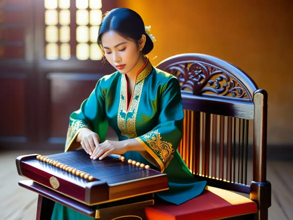 Un músico vietnamita toca el cítara en un atardecer dorado, destacando el papel del zither en danzas vietnamitas