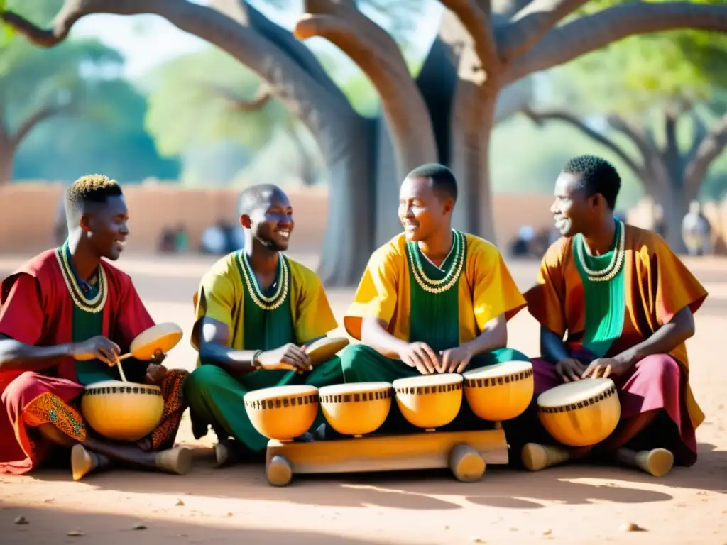 Músicos africanos tocan el balafón bajo un baobab