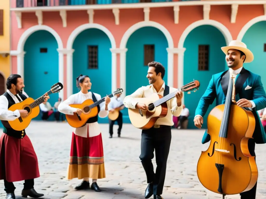 Músicos de Chacarera en Europa cautivan con su pasión y tradición, vistiendo atuendos argentinos vibrantes, en una plaza europea animada