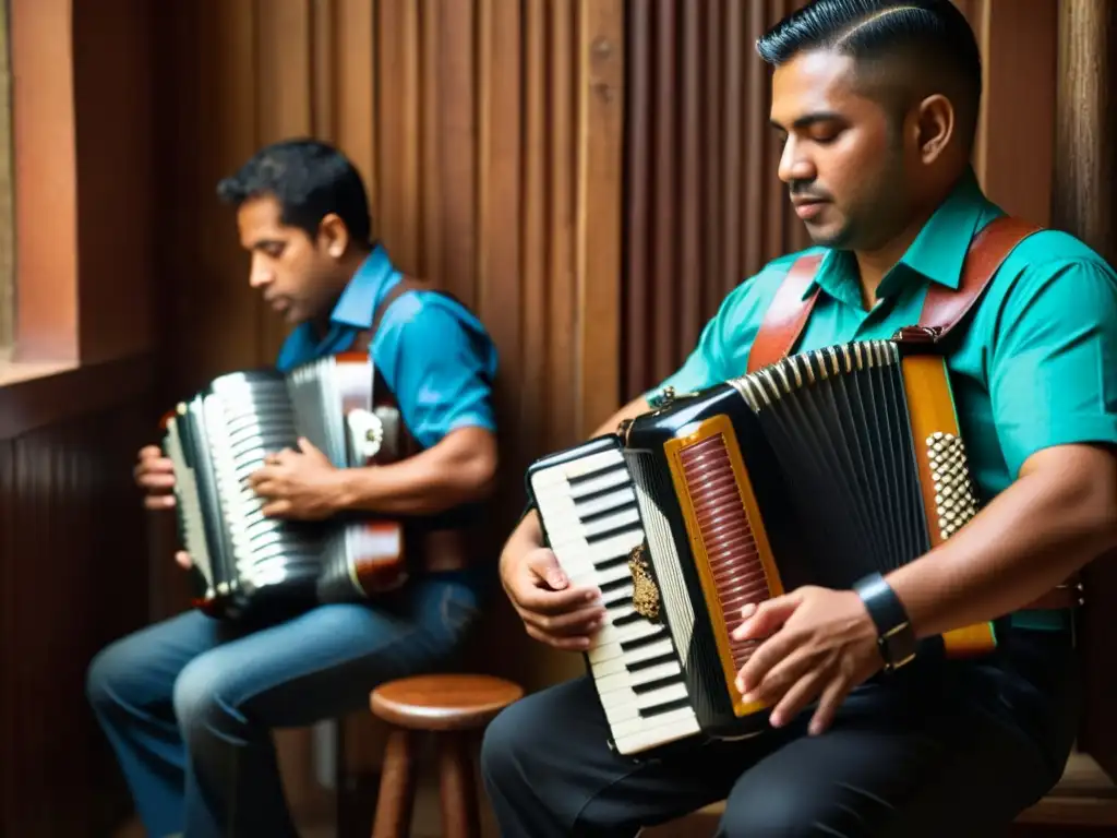 Una fotografía de alta resolución de músicos tocando música vallenata en un entorno íntimo y tenue