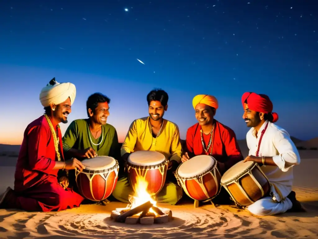 Músicos de Rajastán tocan instrumentos tradicionales alrededor de una fogata en el desierto, bajo un cielo estrellado