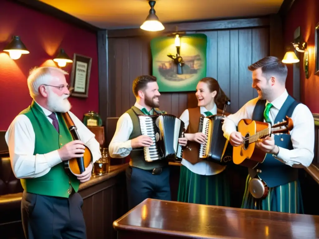 Músicos irlandeses tocando en un animado pub, reflejando la rica tradición de Step Dance irlandesa