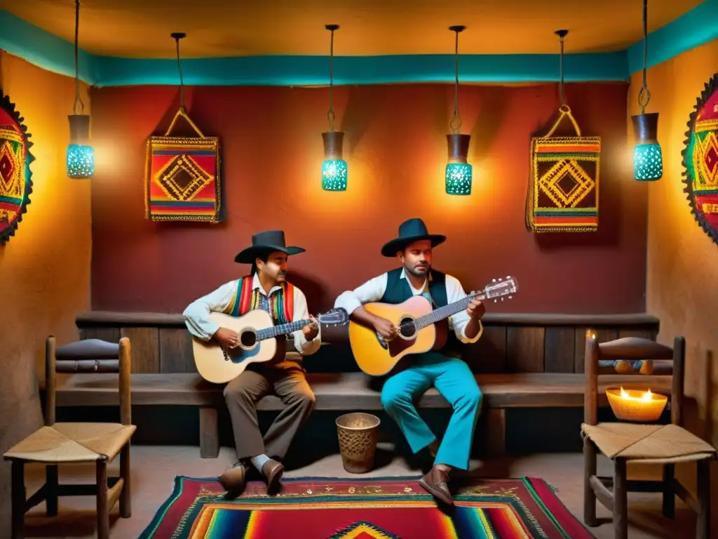 Músicos de Son Jarocho tocan con pasión en una cantina mexicana iluminada por velas, creando una atmósfera íntima y auténtica