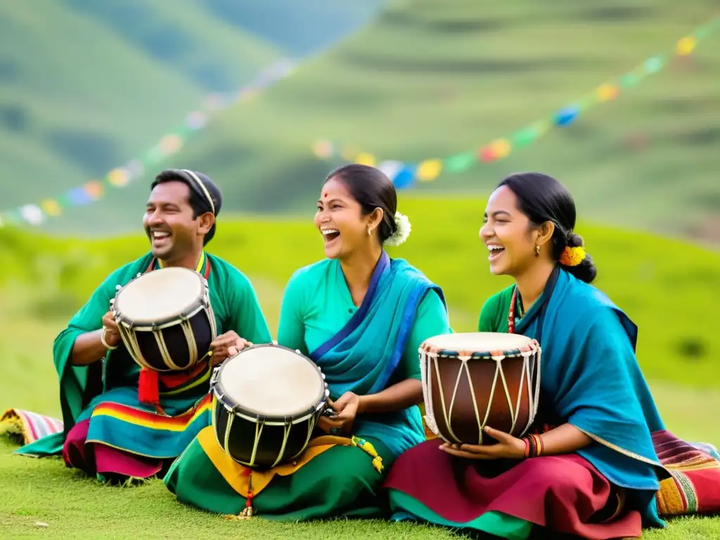 Músicos de Panchebaja nepalí significado cultural deleitando con su música tradicional entre colinas y banderas de oración