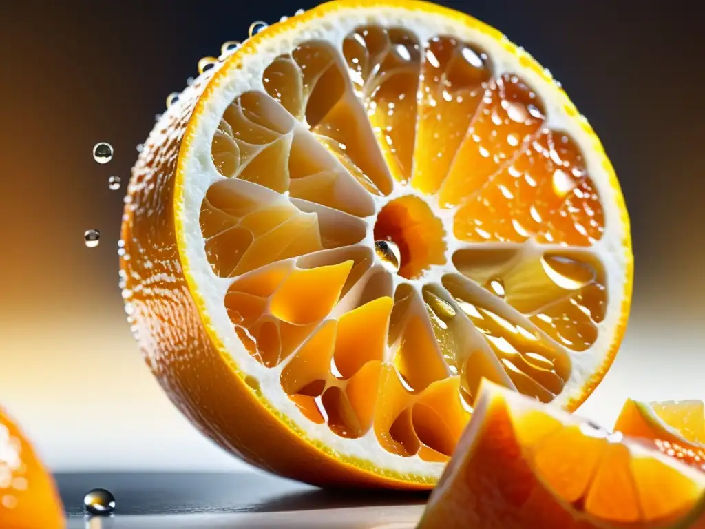 Una naranja madura y vibrante siendo cortada, con jugo cítrico brillante