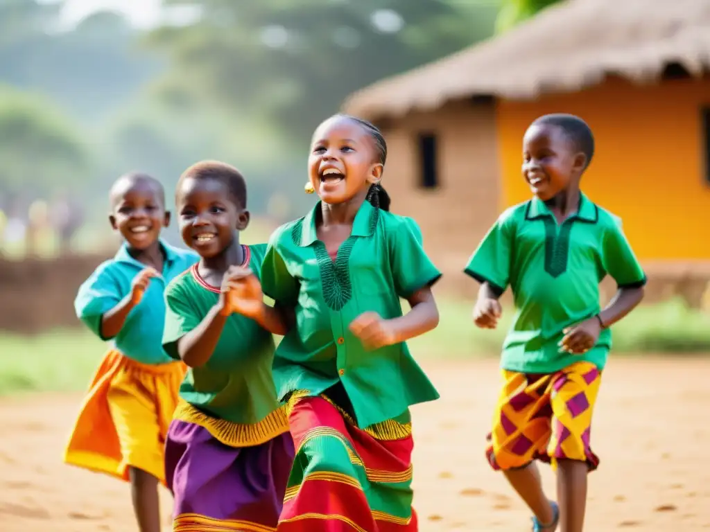 Niños danzando con alegría al ritmo de la música africana, vistiendo coloridos atuendos tradicionales en un espacio soleado y verde