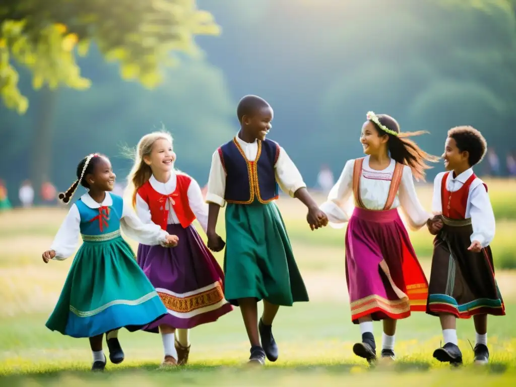 Niños de diferentes culturas danzando alrededor de un poste de mayo en un prado soleado, destacando los beneficios educativos y sociales de participar en danzas folclóricas