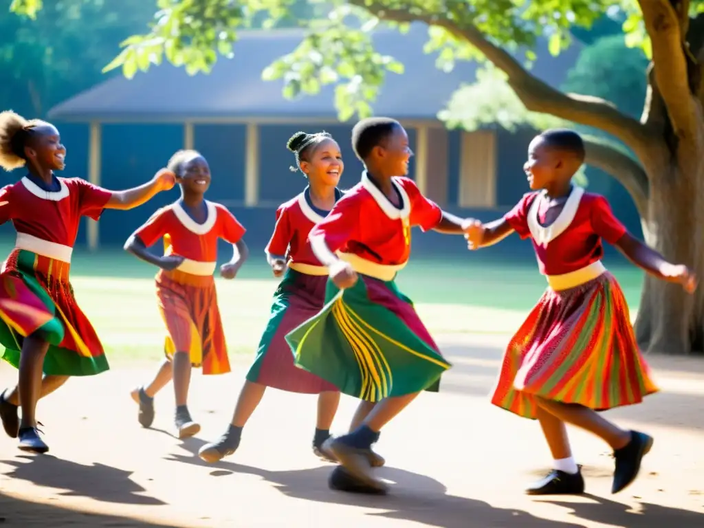 Niños bailando danzas africanas en la escuela, con trajes tradicionales vibrantes, expresiones alegres y ritmo de tambores en la naturaleza