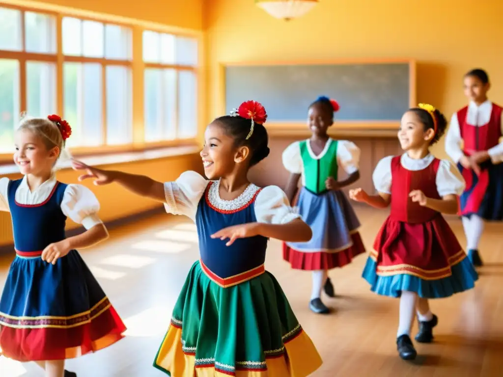 Niños de distintas edades y etnias bailan con trajes tradicionales en un alegre salón de clases europeo, transmitiendo orgullo cultural y unidad