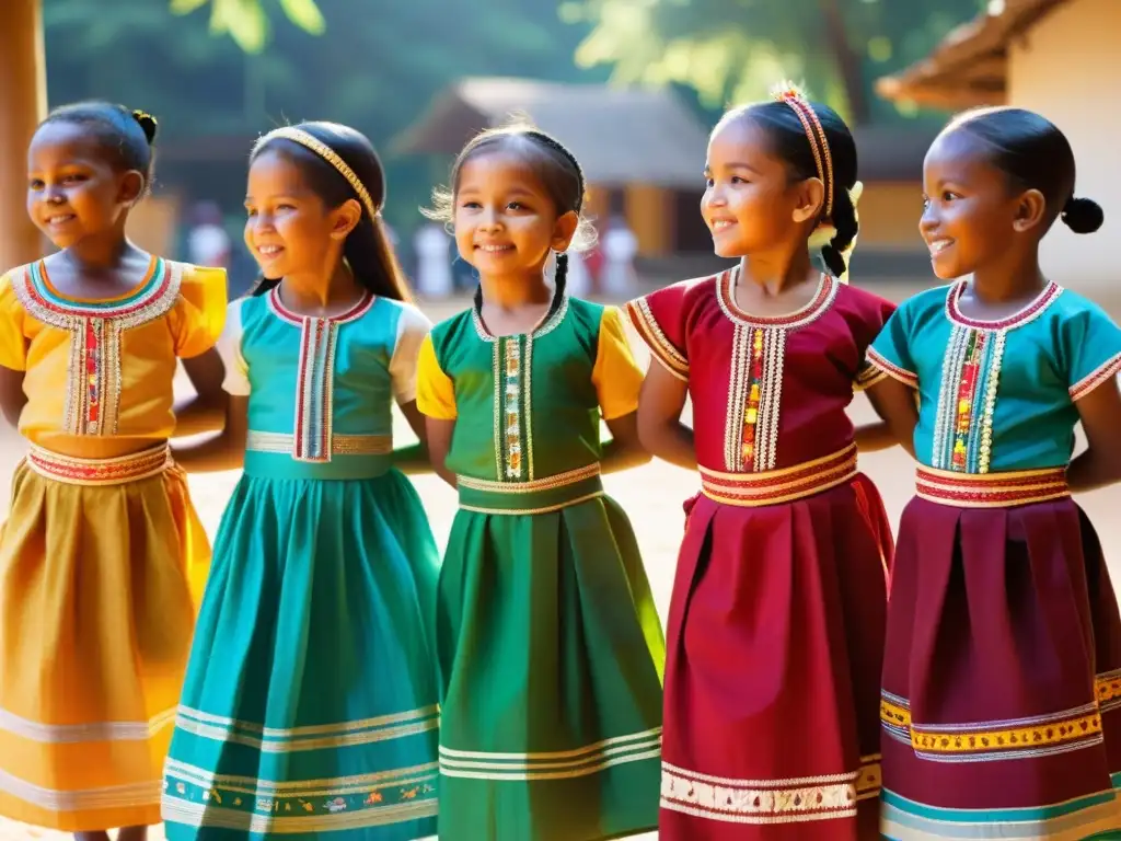 Niños con trajes de danza tradicionales, tejidos a mano y adornados con detalles únicos, listos para mostrar su herencia cultural a través del baile