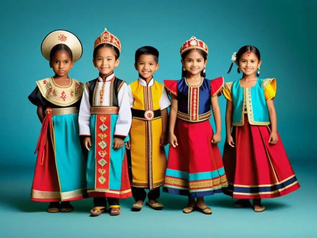 Niños con trajes de danza tradicionales de diferentes regiones, reflejando la diversidad cultural y tradición