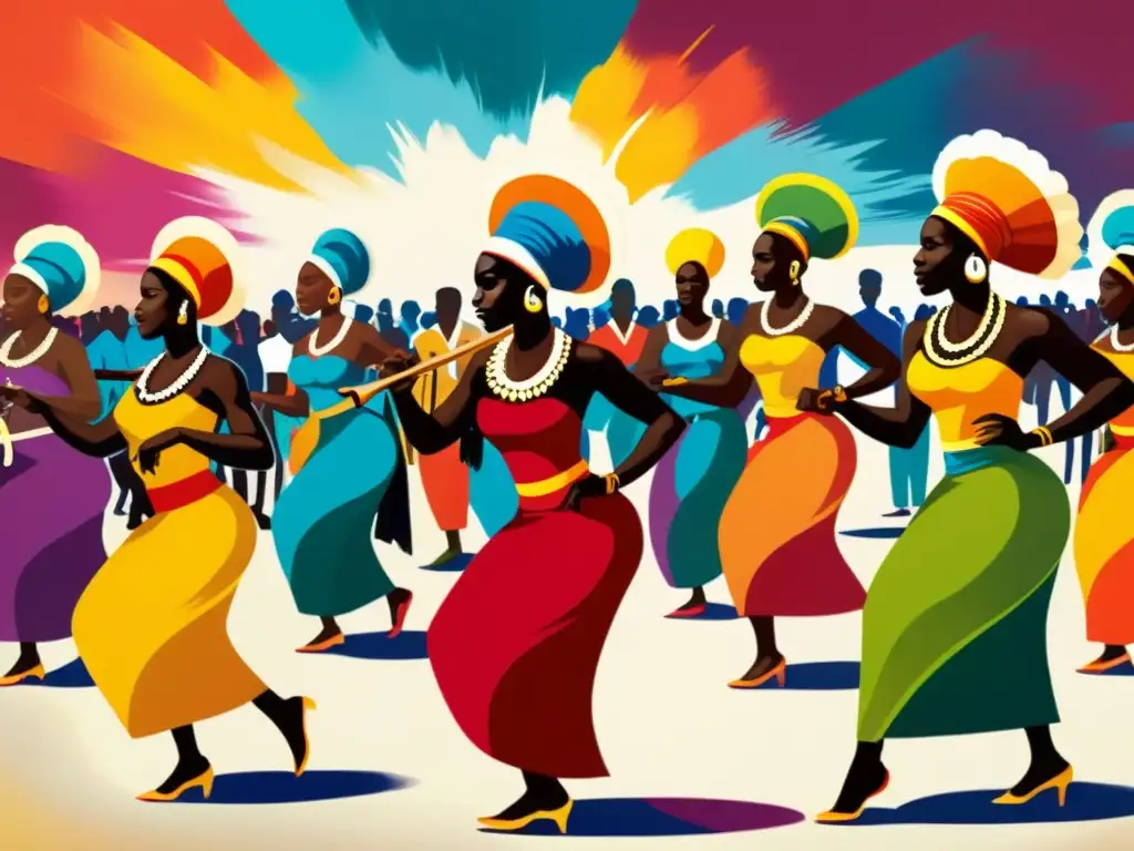 Obra de arte vibrante que retrata una danza tradicional africana