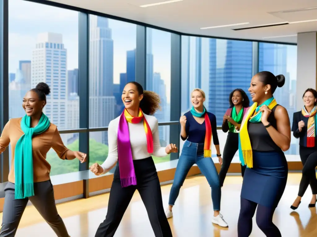 Oficina con accesorios temáticos para danza, empleados bailando en equipo con vitalidad y alegría