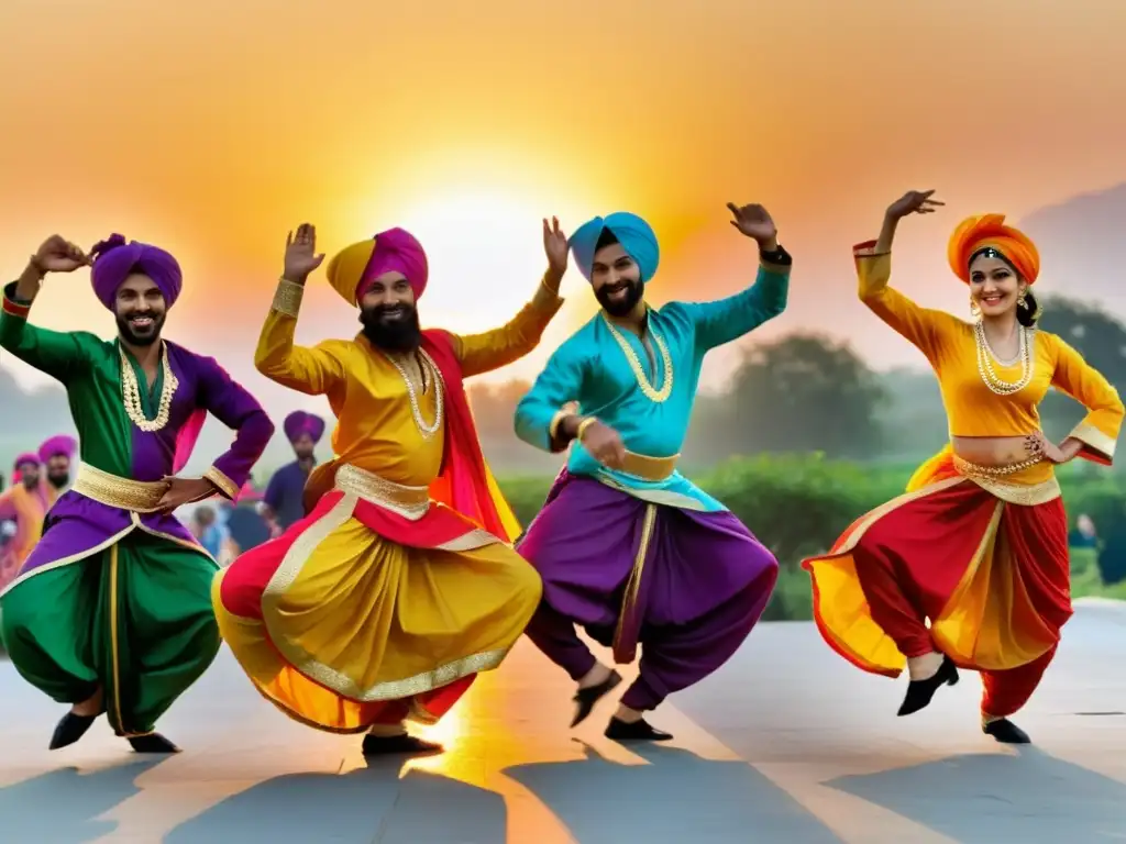 Paletas de color danzas étnicas: Grupo de bailarines Bhangra en trajes tradicionales punjabíes, expresando alegría y energía al atardecer