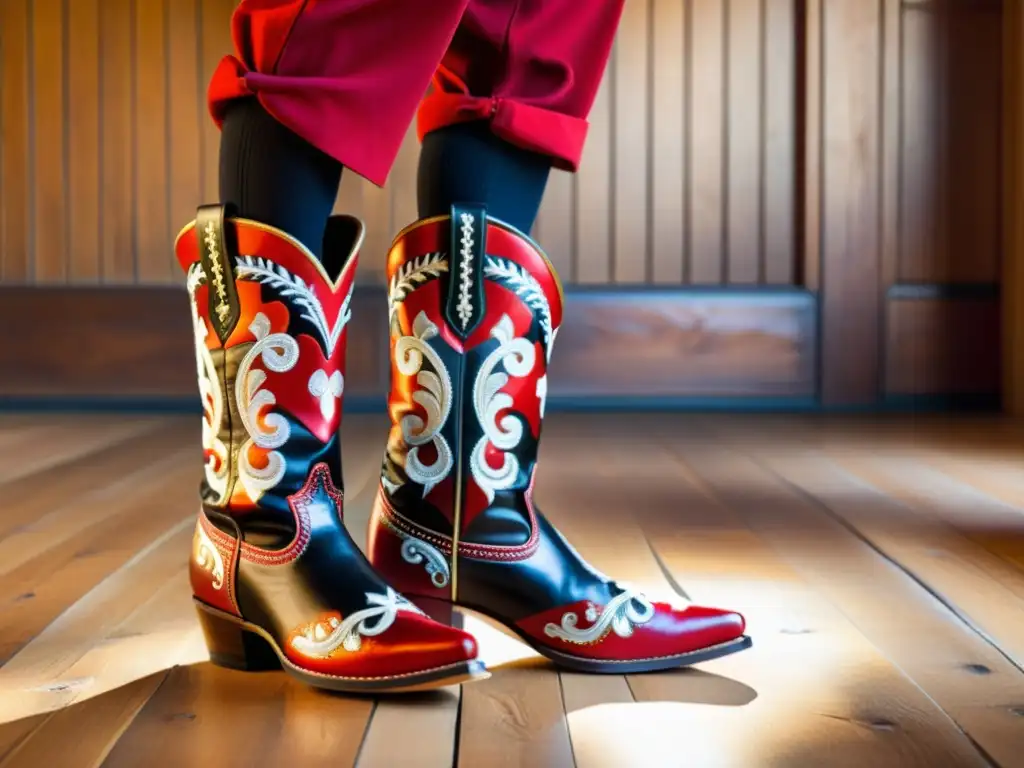 Un par de botas de baile polacas bordadas con diseños tradicionales y colores vibrantes sobre un piso de madera pulida