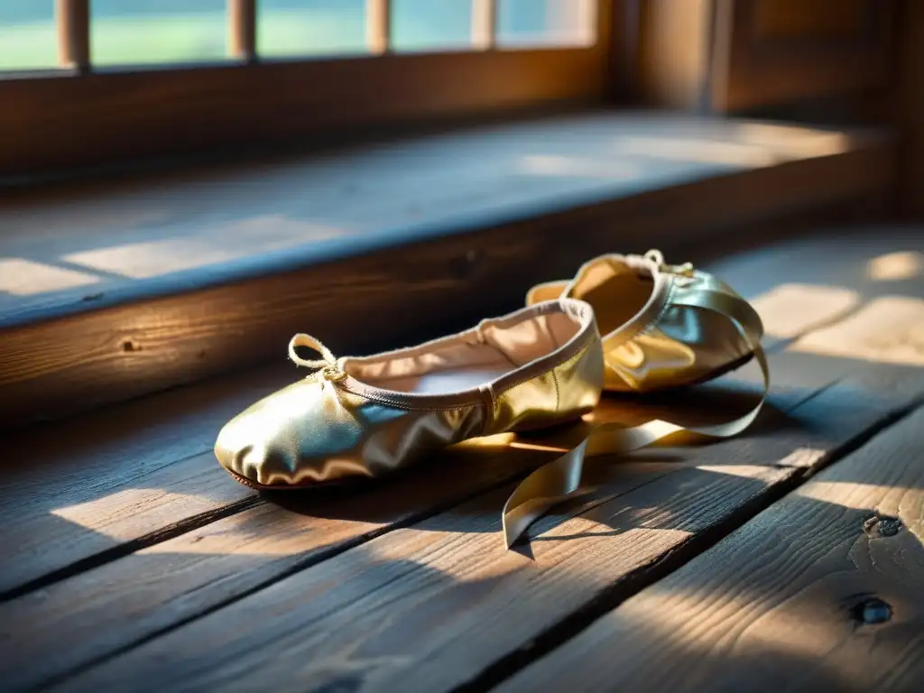 Un par de delicadas zapatillas de ballet gastadas descansan sobre el suelo de madera, iluminadas por la suave luz de la tarde