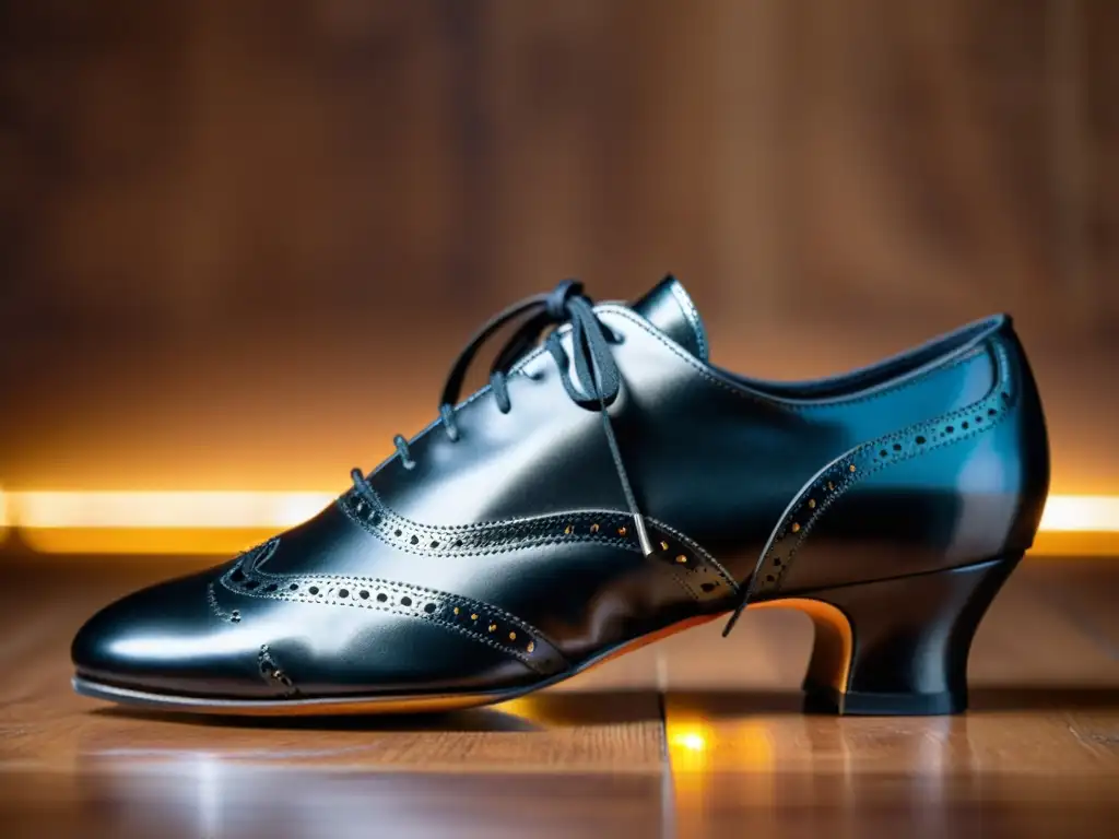 Un par de elegantes zapatos de tango negro brillante, iluminados por un cálido foco, evocando la elegancia atemporal del Tango Argentino