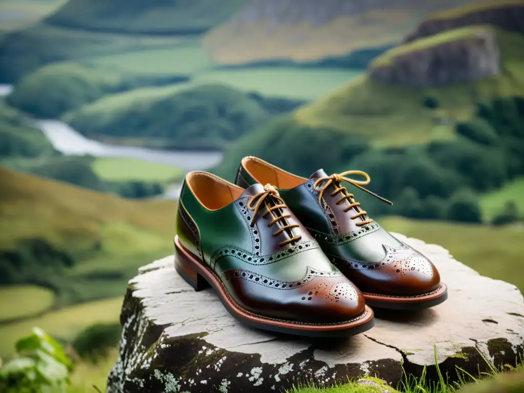 Un par de Ghillie brogues escoceses tradicionales muestra su intrincado diseño en cuero, en contraste con el paisaje escocés