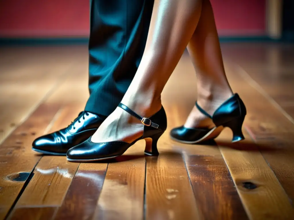 Un par de pies de bailarines de tango, con zapatos detallados y desgastados, danzan con pasión en una pista de baile de madera