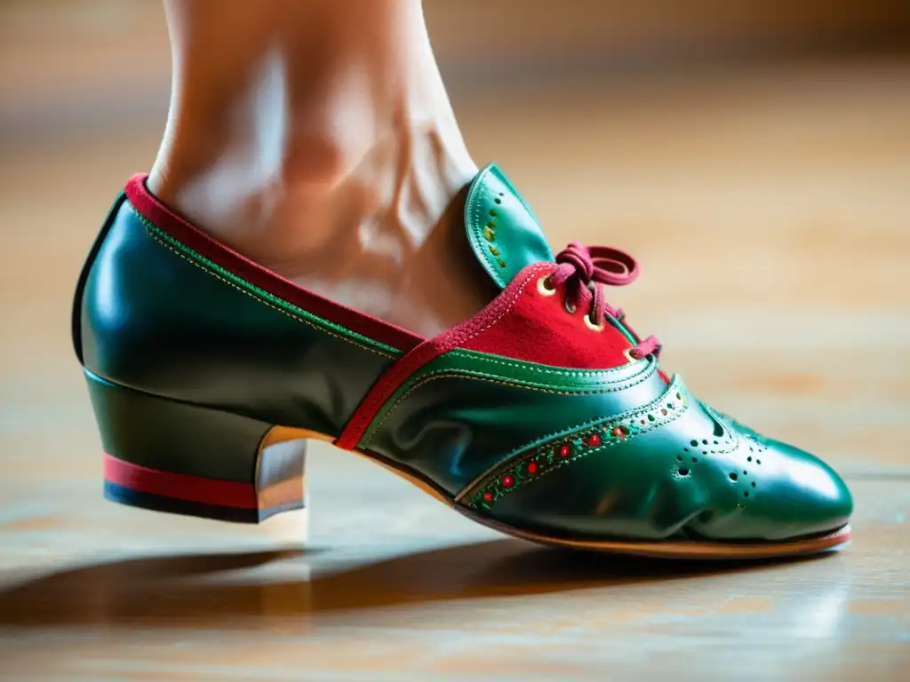 Un par de zapatos de baile de cuero italiano desgastados, con ricos tonos terrosos y detalles vibrantes