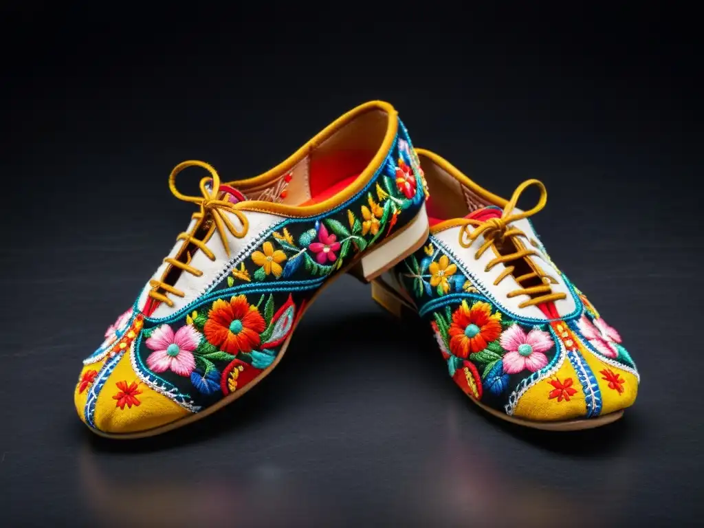 Par de zapatos de danza ucranianos, con bordados detallados en colores vibrantes sobre fondo negro