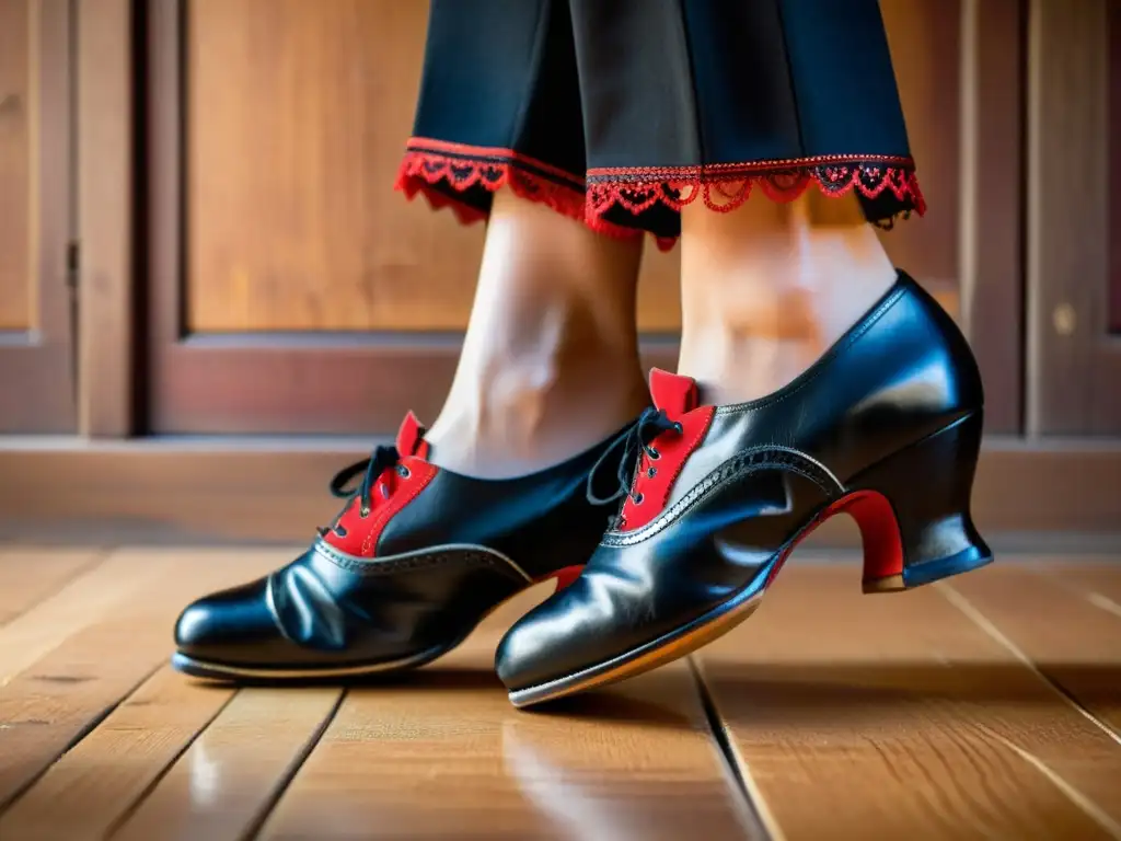 Un par de zapatos de flamenco descansando en el suelo de madera, mostrando el desgaste y la historia de innumerables actuaciones de flamenco