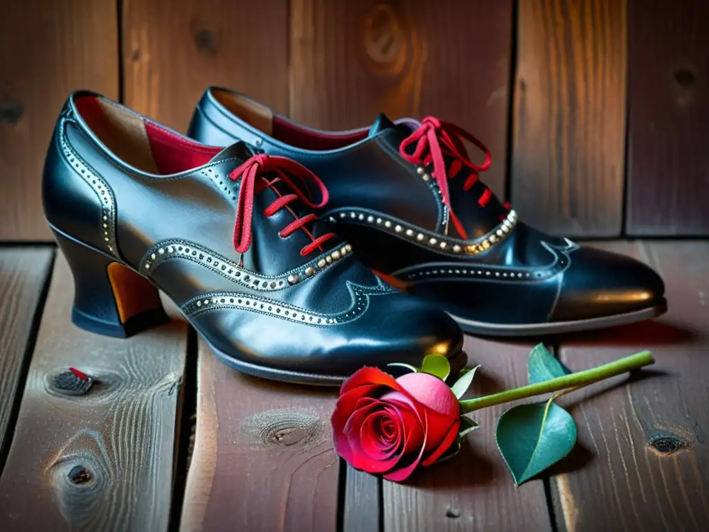 Un par de zapatos de tango desgastados, una rosa roja y una bufanda de seda en un piso de madera