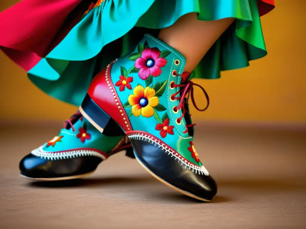 Un par de zapatos de zapateado mexicano con bordados florales y colores vibrantes, que cuentan la historia de este arte expresivo y rítmico