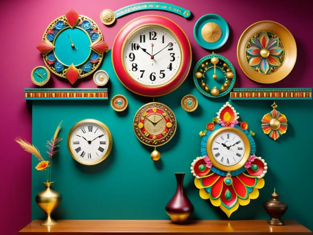 Una pared decorada con relojes temáticos de danzas tradicionales, creando una vibrante y cultural decoración