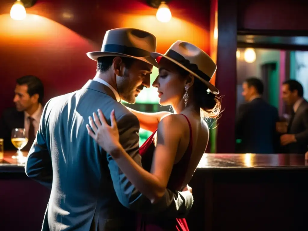 Una pareja abrazada con pasión en un bar de tango en Buenos Aires