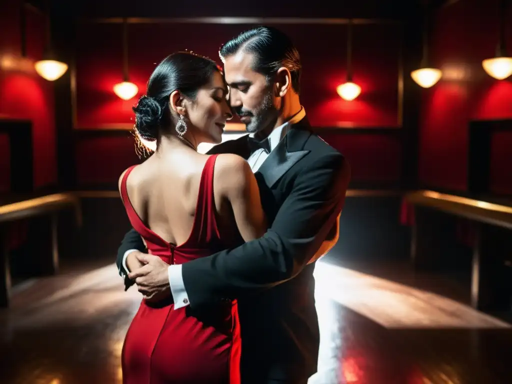 Una pareja abrazada en un íntimo club de tango en Buenos Aires, Argentina