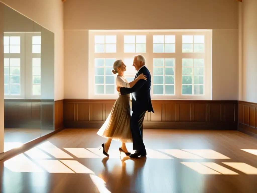 Una pareja de ancianos baila con gracia en un estudio soleado, transmitiendo elegancia y amor