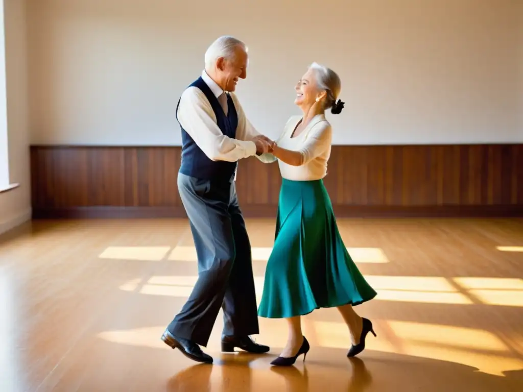 Una pareja de ancianos baila con gracia en un estudio de danza iluminado, irradiando alegría y conexión