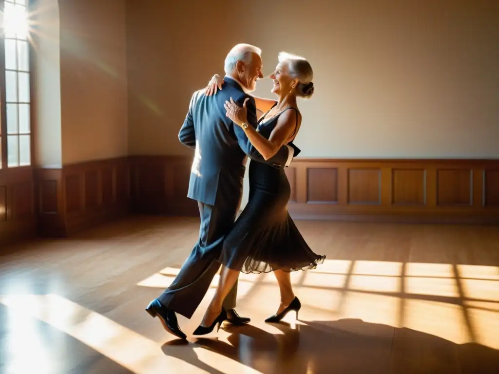 Una pareja de ancianos baila el tango con gracia en un salón iluminado por el sol, transmitiendo alegría y concentración