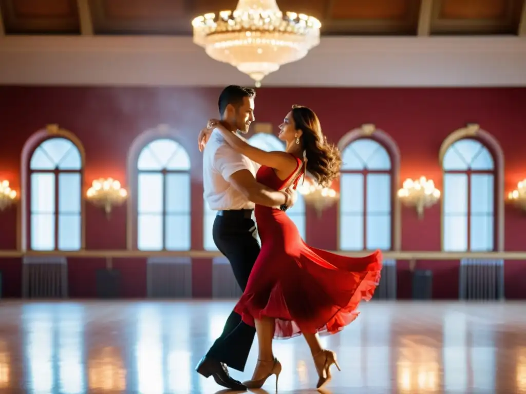 Una pareja apasionada baila salsa en un elegante salón de baile europeo, capturando la influencia de la danza latina en Europa