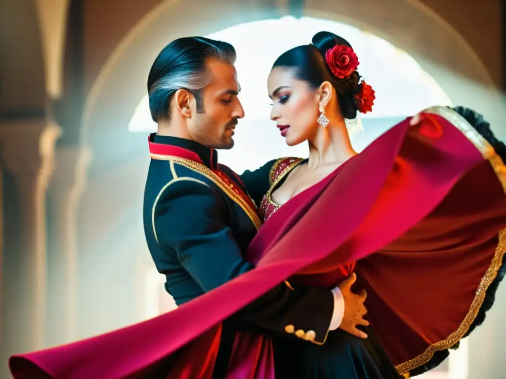 Una pareja apasionada realiza el paso doble con trajes tradicionales españoles