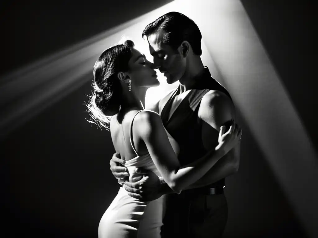 Una pareja se sumerge en un apasionado abrazo de tango, iluminados por un foco, en una atmósfera dramática