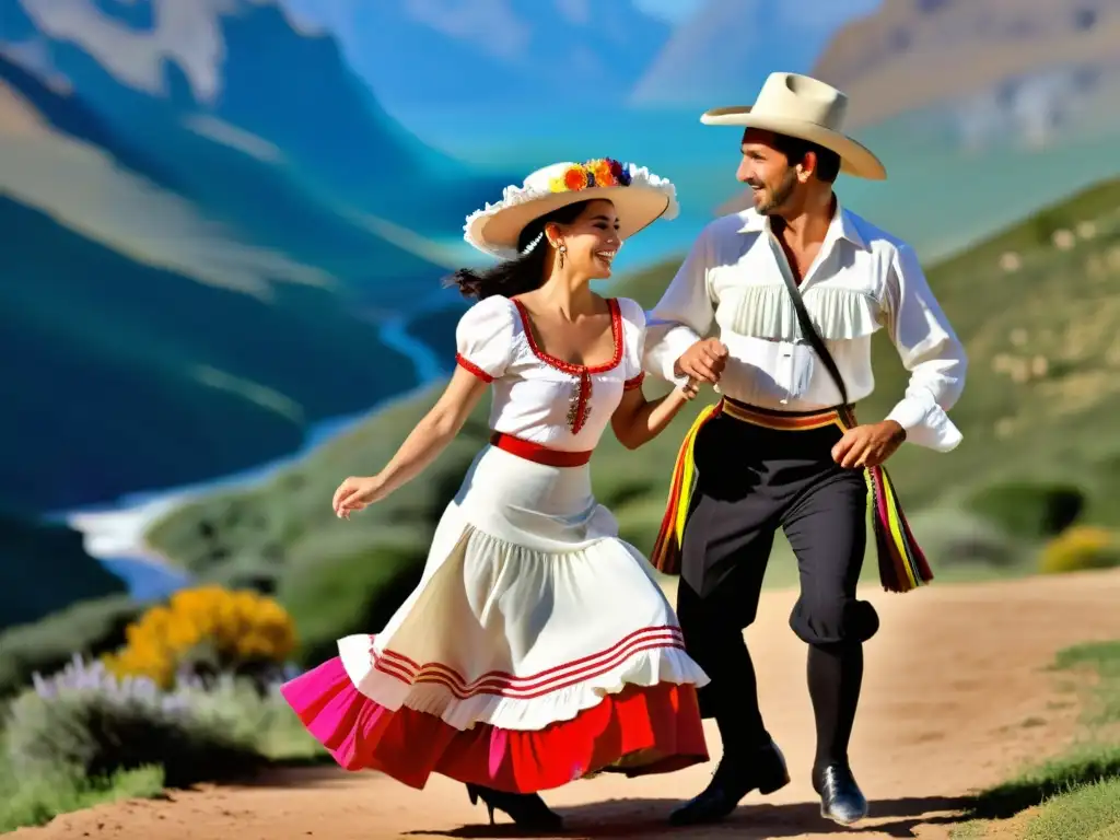 Una pareja argentina tradicional baila la Cueca cuyana en el paisaje pintoresco del oeste argentino, mostrando la rica tradición y emoción de la danza