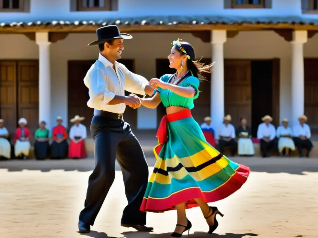 Una pareja argentina bailando la Zamba, expresando el significado cultural de la Zamba Argentina con gracia y pasión