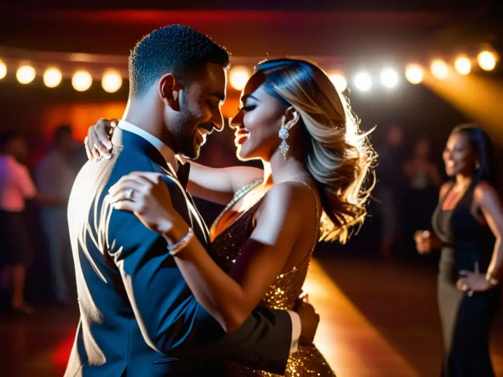 Una pareja bailando Bachata en un club tenue, unidos en un abrazo apasionado al ritmo de la música