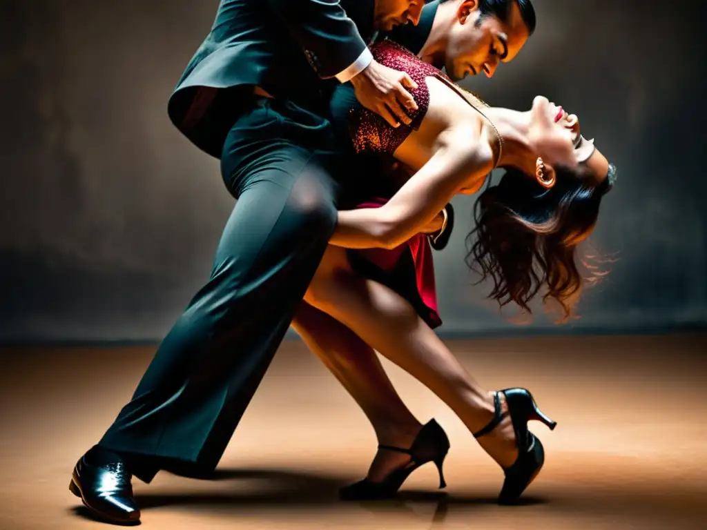 Una pareja de bailarines de tango en un abrazo íntimo, expresando pasión y complejidad en la danza