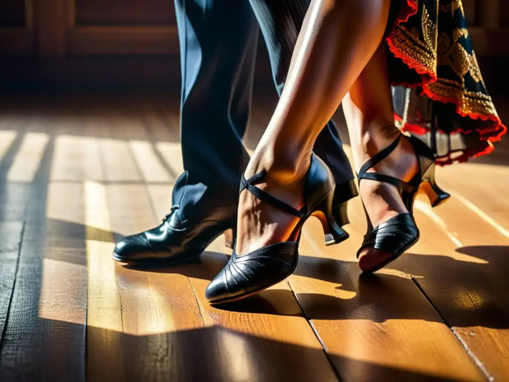 Una pareja de bailarines de tango en Buenos Aires ejecuta un apasionado movimiento, destacando la elegancia y el significado cultural del tango