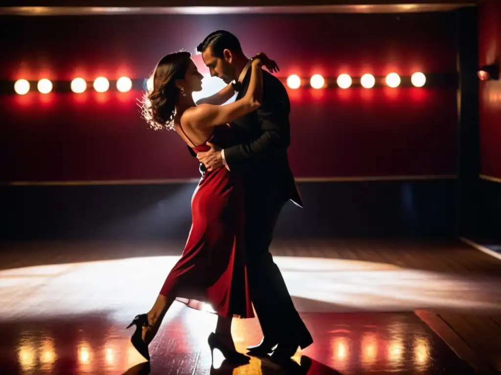 Una pareja de bailarines de tango argentino se envuelve en una danza apasionada en un club íntimo de Buenos Aires