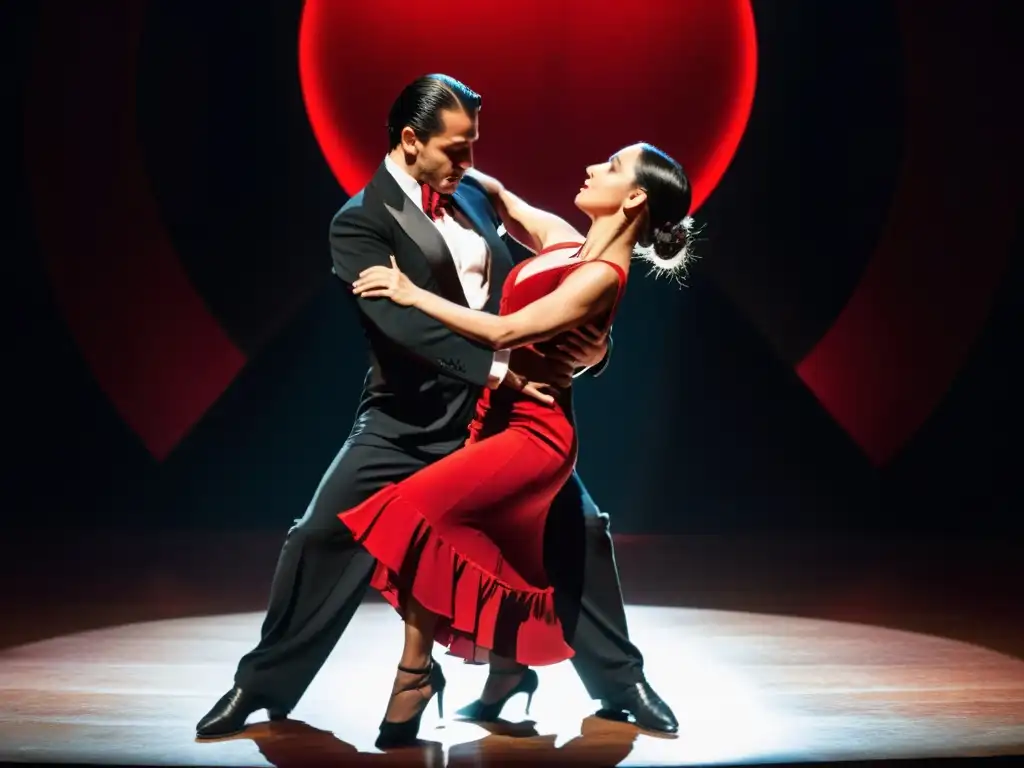 Una pareja de bailarines de tango argentino se presentan con pasión y elegancia en un escenario tenue