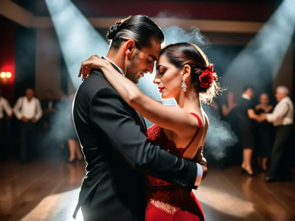 Una pareja de bailarines de tango argentino en un abrazo apasionado, transmitiendo la sensualidad y elegancia del baile